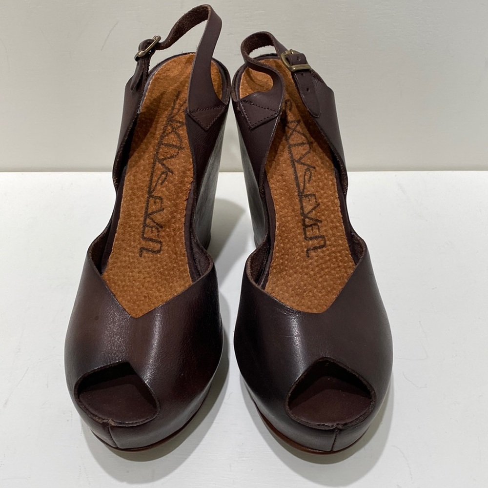 SIXTYSEVEN Brown Leather Peep Toe Platform Wedge Heels
